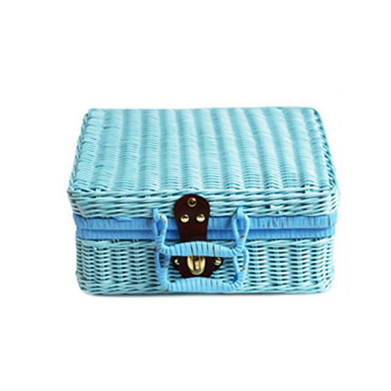 Valise Vintage en rotin Imitation PE, matériel de Protection de l&#39;environnement, boîte de rangement de cosmétiques, boîte de décoration: Blue