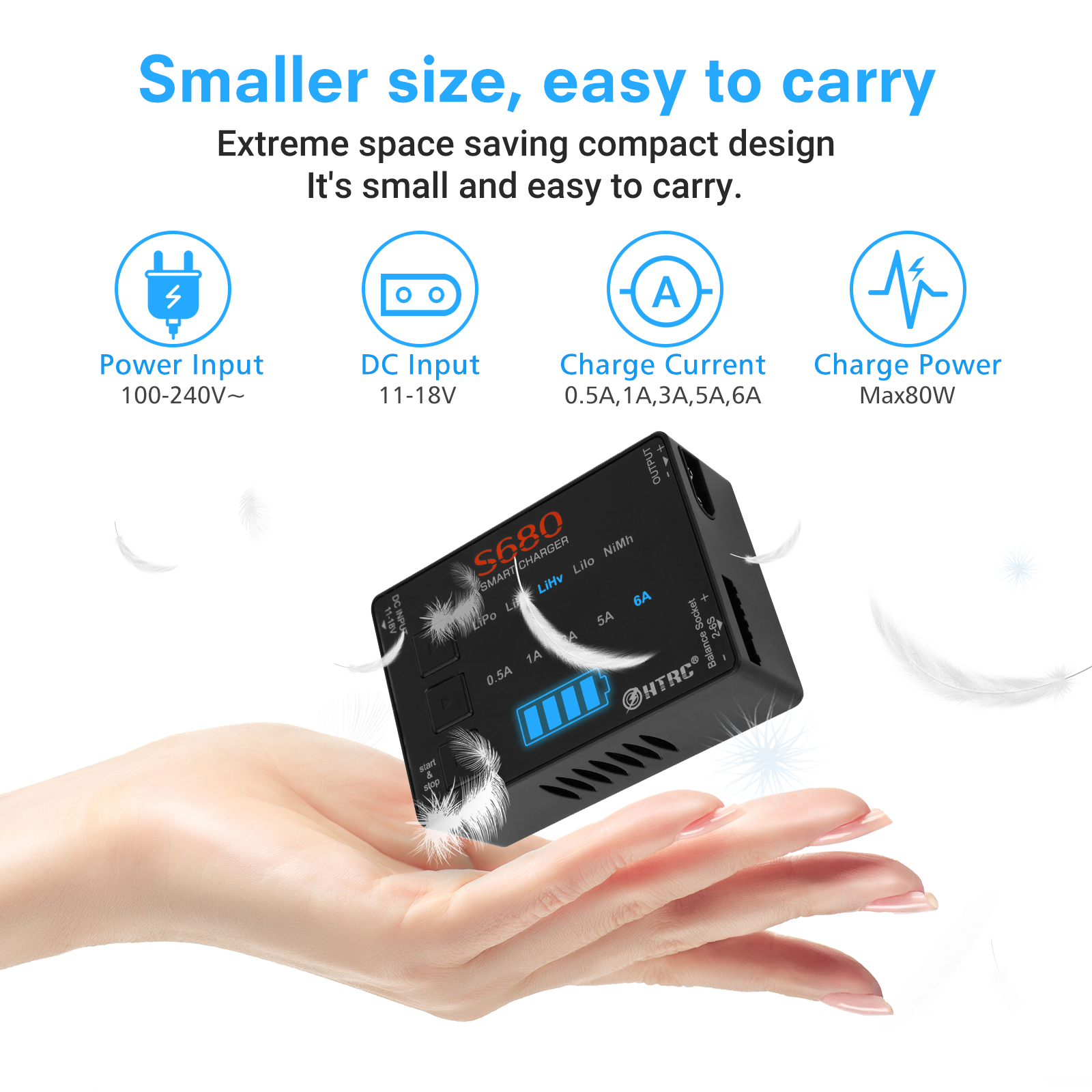 HTRC S680 80W 6A Lipo Charger For 1-6s Lipo/LiFe/LiHv/Lilon/1-15s Nimh Battery AC to DC Mini RC Charger With 15V6A Adapter