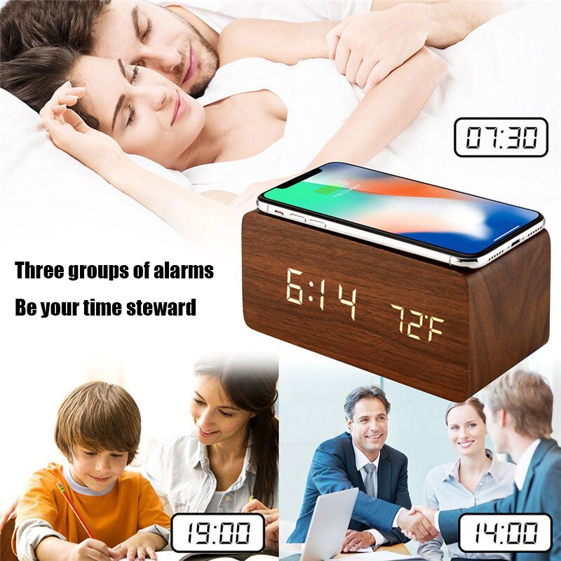 Wooden Digital Clock Sound Control Electronic Alarm Clock Led Mobile Phone Wireless Charging Wooden Clock