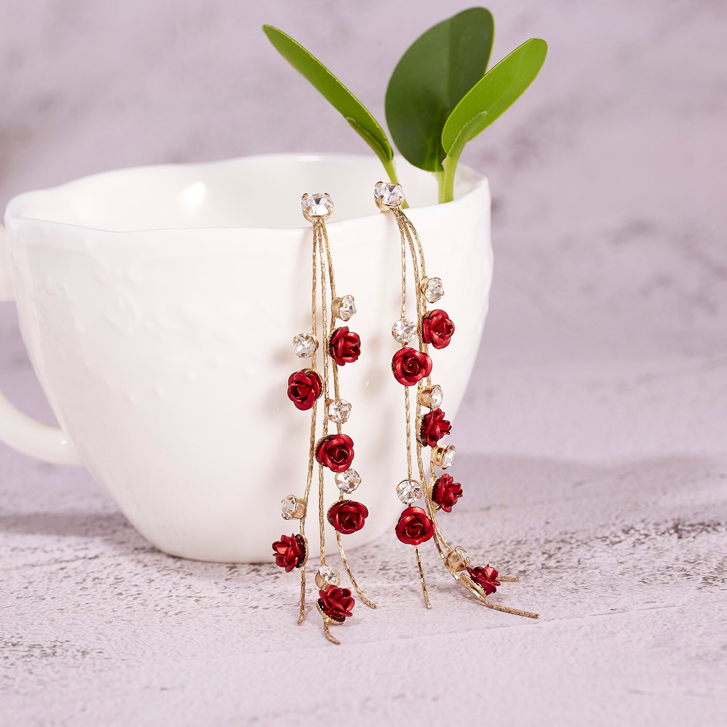Rose Flower Dangle Oorbellen Voor Vrouwen Lange Tassel Shiny Rhinestone Earring Wedding Party Engagement Sieraden: 1