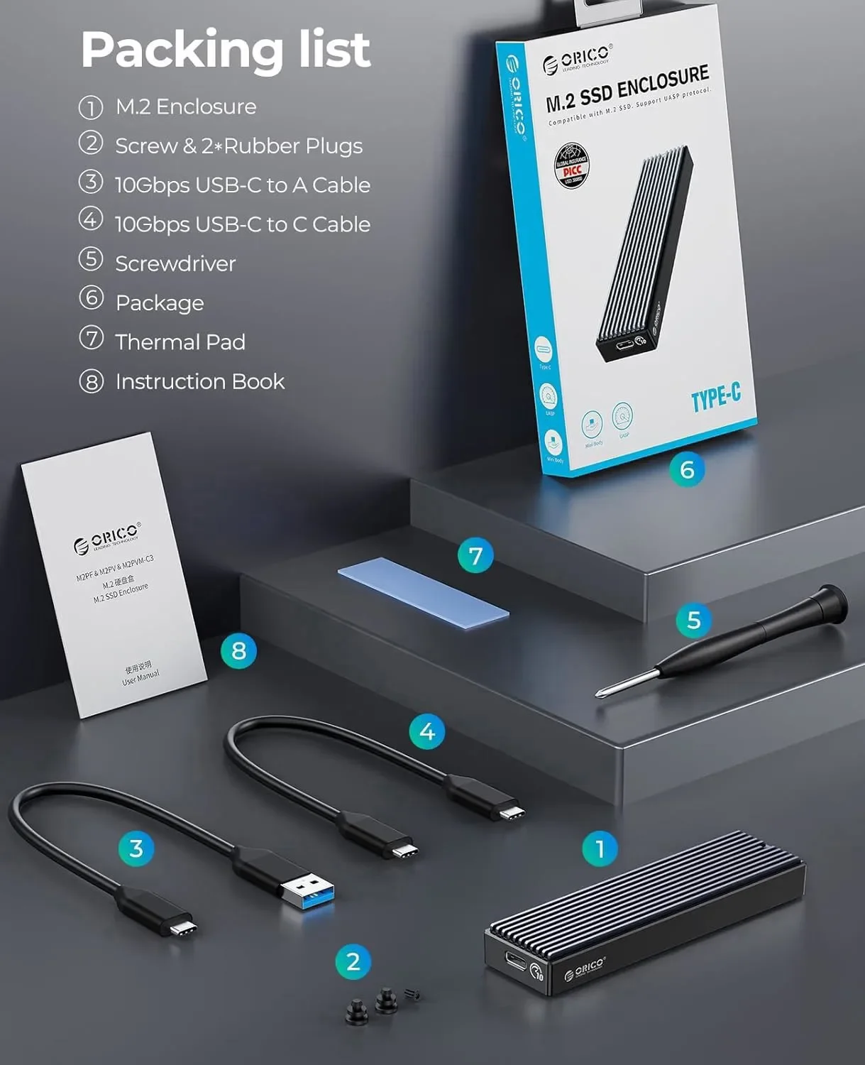 ORICO 10Gbps M.2 NVMe SSD Enclosure Aluminum Type C USB 3.2 Gen2 Tool-Free M.2 NVMe to USB Adapter for PCIe NVMe and SATA SSD