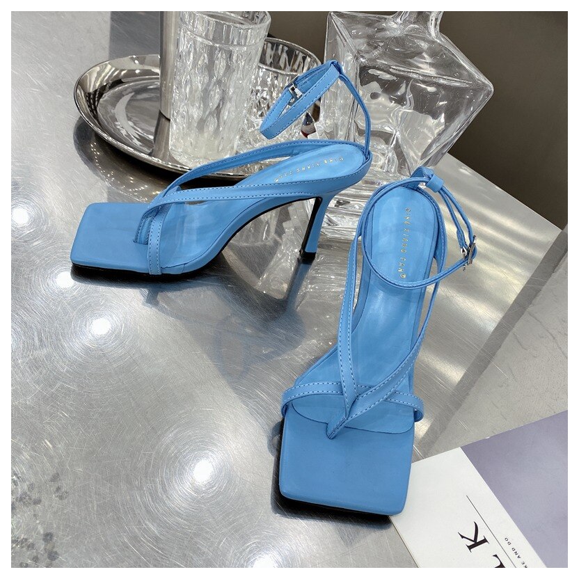 Lente Zomer Vierkante Teen Slingback Sandalen Smalle Band Gladiator Sandalen Schoenen Vrouwen Hoge Hakken Pumps Party Dress Schoenen: Blue / 6