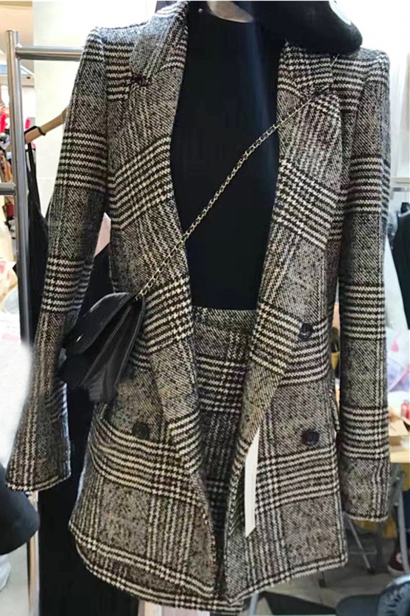 CBAFU herfst lente lange mouwen jacket coat vrouwen outwears plaid tweed rokken pak vrouwen 2 stuks sets vrouwen suits N630