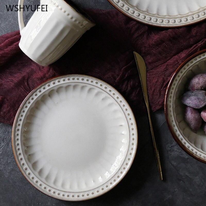 1 stk palads retro stil hvid rund keramisk plade western bøf salat dessert kage sushi hjem køkken opbevaring dekorativ plade