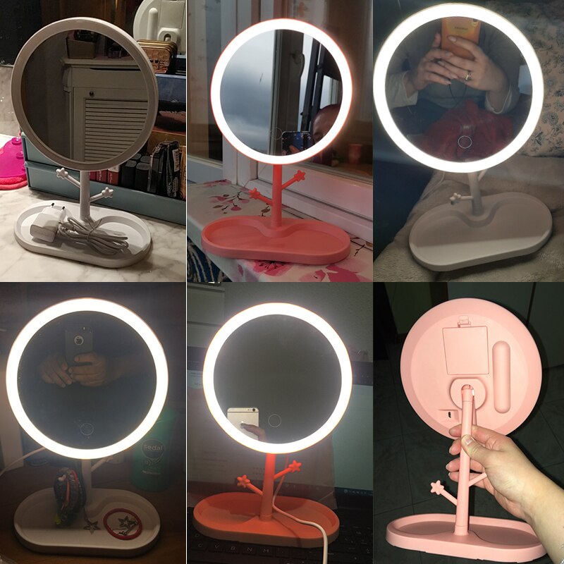 LED Makeup Mirror With Light Ladies Storage Makeup Lamp Desktop Vanity Mirror Round Shape Cosmetic Mirrors Women Christmas