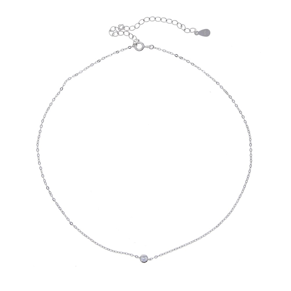 minimal delicate 925 sterling silver single 3MM bezel cz cubic zirconia thin silver chain choker necklace for women jewelry: silver white cz