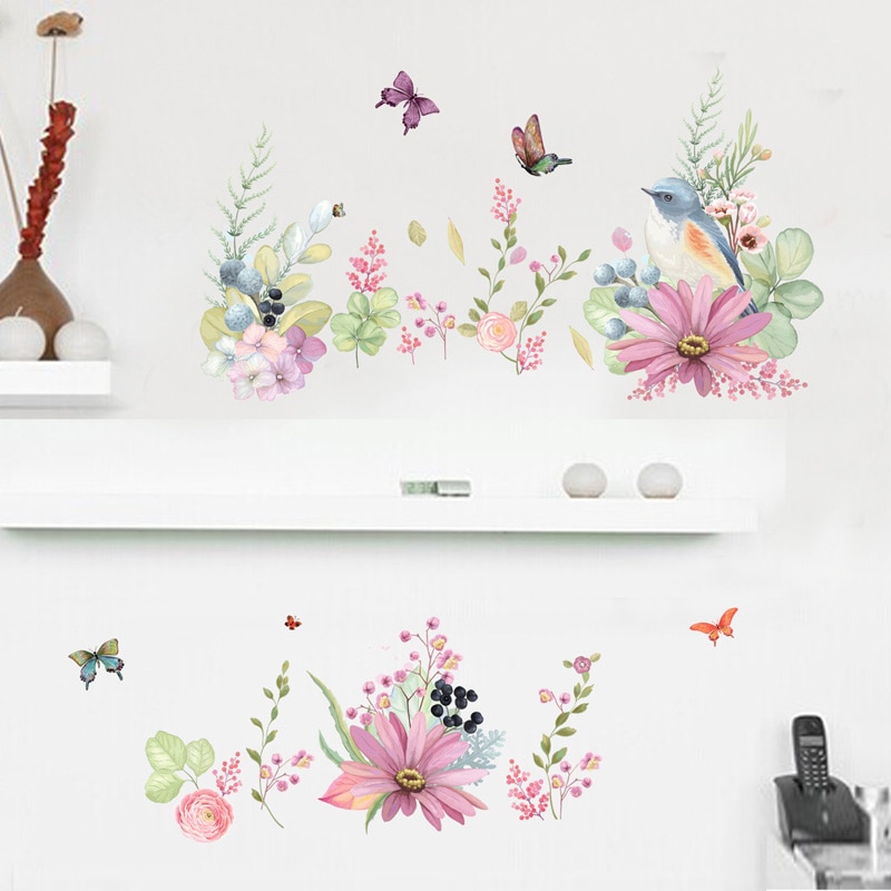 Pegatinas para la pared de hermosas flores, pájaros, mariposas, calcomanías de decoración para el dormitorio cálido, pegatinas de decoración para el hogar