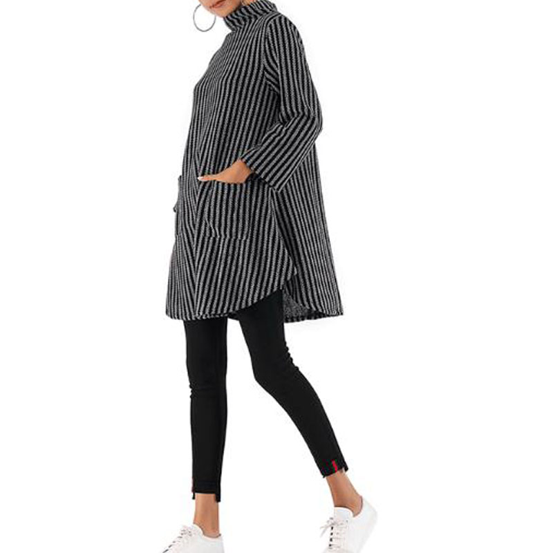 Vinter sweater kjole kvinder efterår rullekrave sweatere damer løse strikkede sweatre stribet højhalset sweater kvindekjole