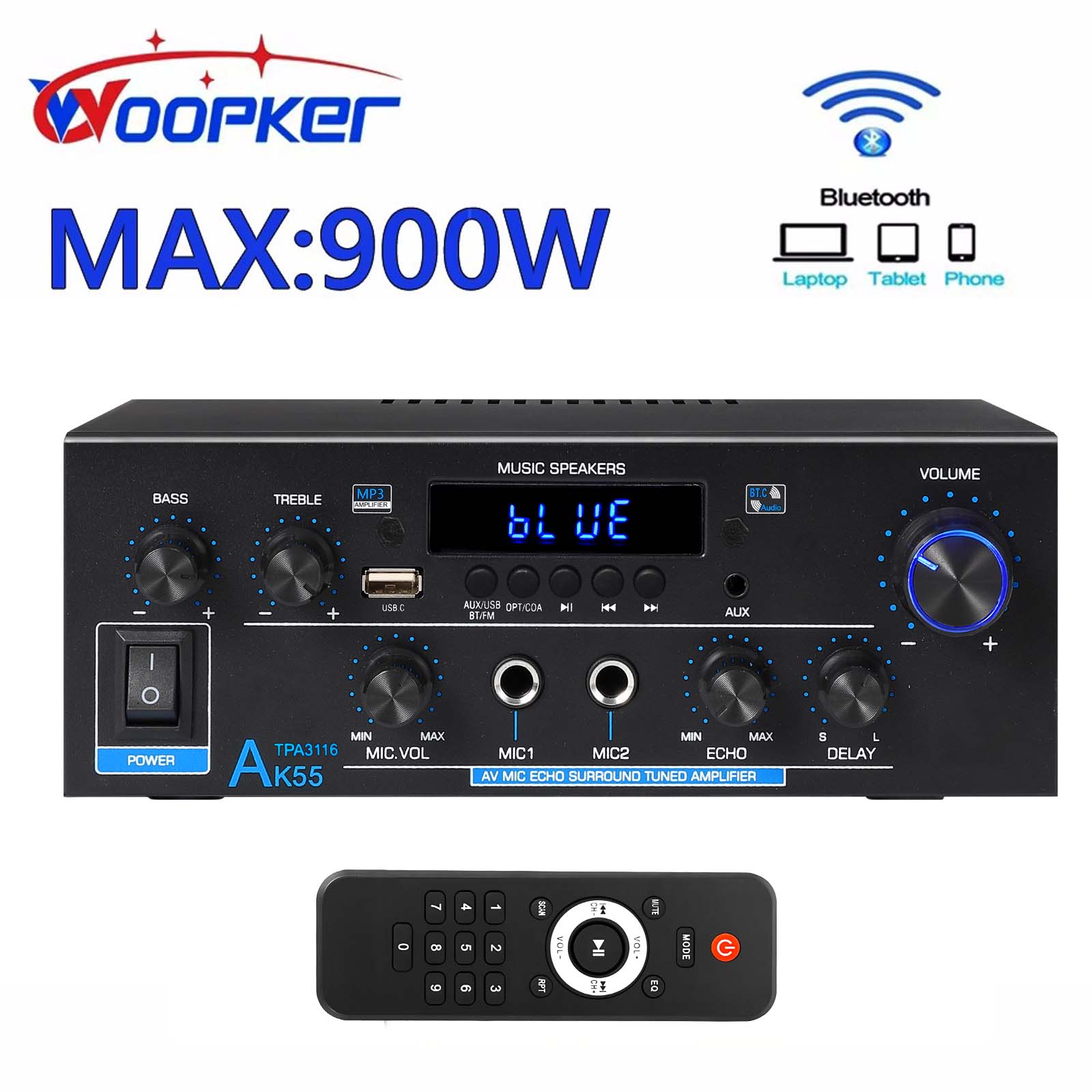 Woopker Audio Amplifier AK55 HiFi Bluetooth 5.0 Max Power 900W Supports Bass Surround and FM Suitable for Home Car