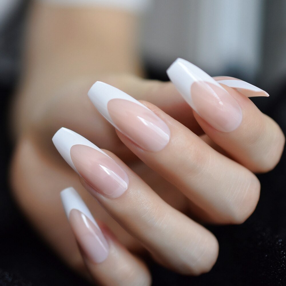 Lång glänsande fransk nagel naturlig naken helskydd plast konstgjorda naglar diy nageltips manikyr ballerina naglar