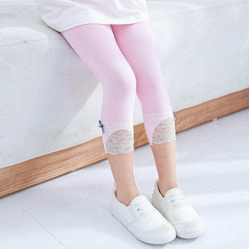 Sommer baby leggings søt jente bukser blonder barn leggings fargerike jenter knopp silke bukser barn klær korte barn bukser: Rosa bukser / 8t(130)