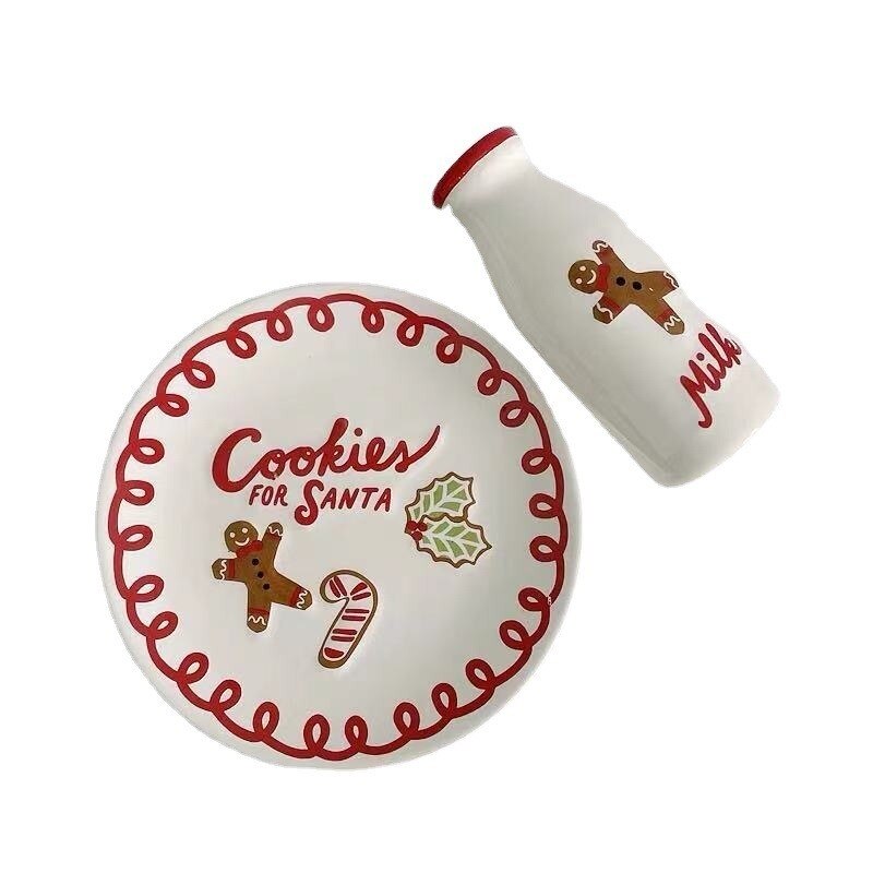 Korean Style Christmas Cartoon Gingerbread Man Ceramic Plate Candy Red Lace Cake Dessert Plate Charger Plates