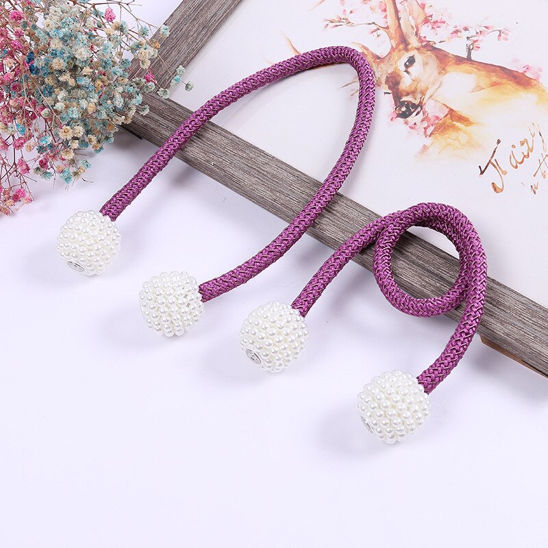 2 st magnetiska gardinbindningar flätade kulspänne stansfri draperi hållback clips tali tirai magnetik hem vardagsrum inredning: Lila