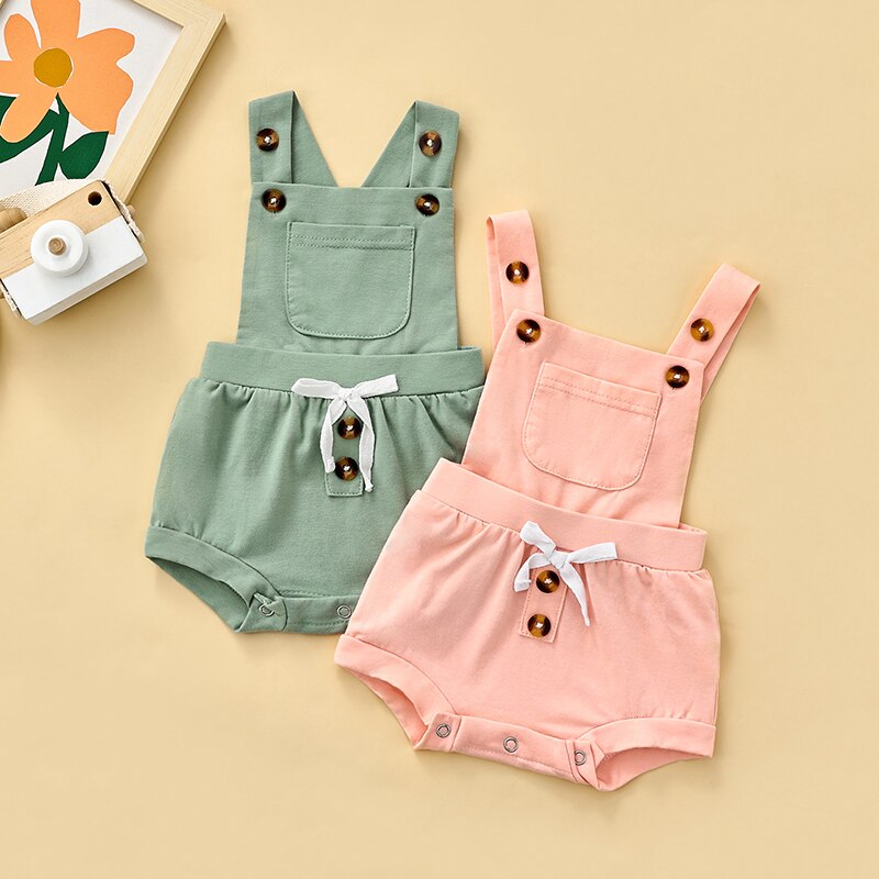 Barboteuse pour -né de 0 à 18 mois, vêtements d'été sans manches pour garçons et filles, poches à bretelles, pantalons courts, salopette pour tout-petits, combinaisons amples