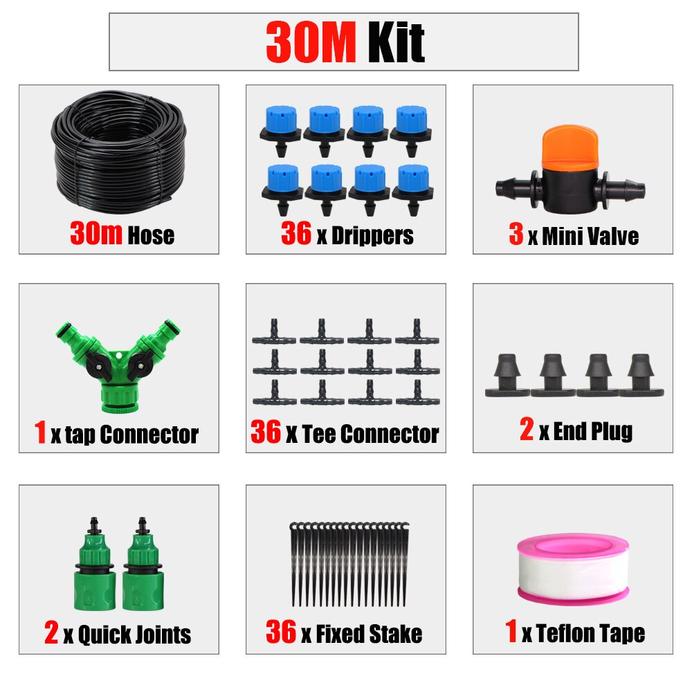 RBCFHl 1/4'' Blue Adjustable Drip Irrigation Nozzle Watering System Stop to Large Water Garden Patio Micro Kits: 30m