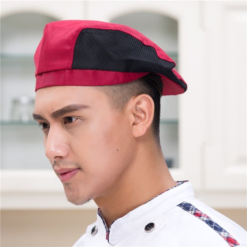 Mænd kvinder mesh patchwork kok restaurant køkken madlavning arbejdstøj hatte baret hotel bakey cafe tjener åndbar kasket 56-58cm: 10