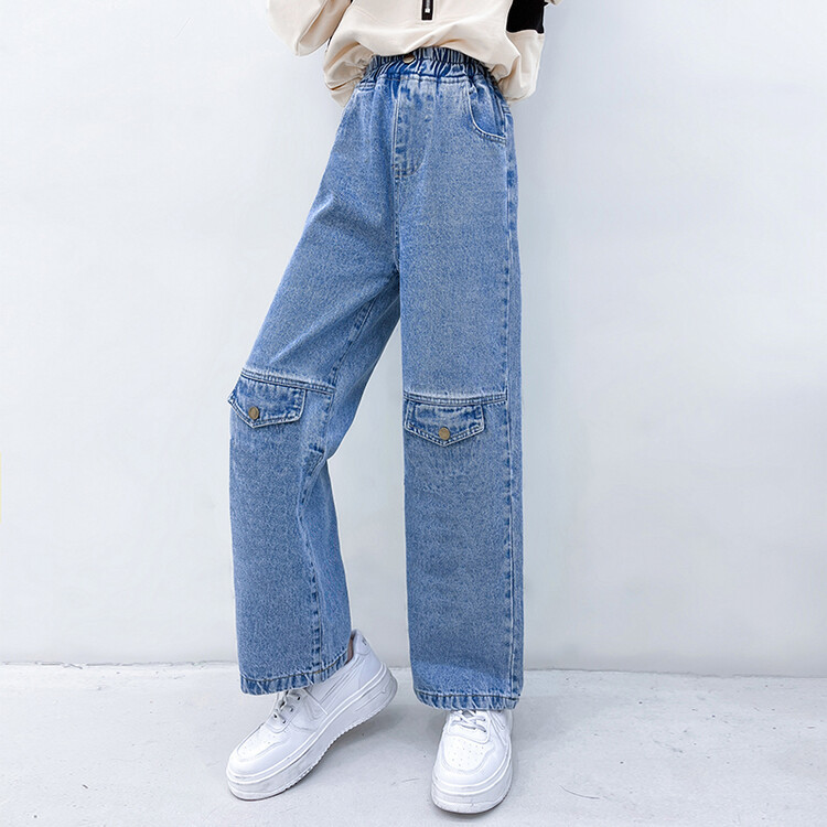 Pantalones vaqueros holgados de pierna ancha para Niña y Adolescente, ropa de Color sólido para niño de 5 a 14 años, novedad de 2022