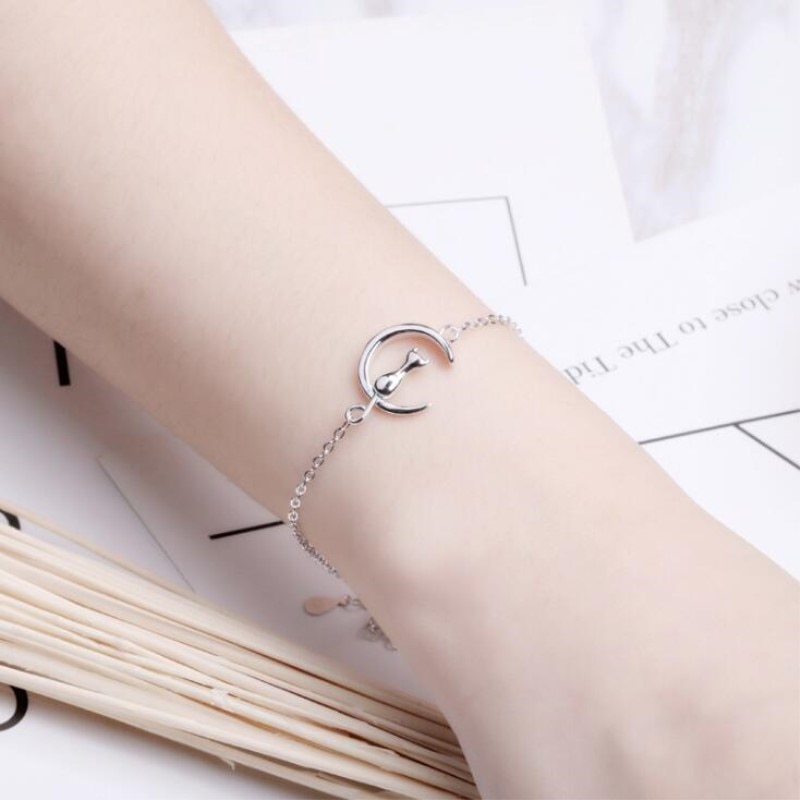 Popular Female Simple Cute Animal 925 Sterling Silver Jewelry Beautiful Moon Cat Bracelets SB125