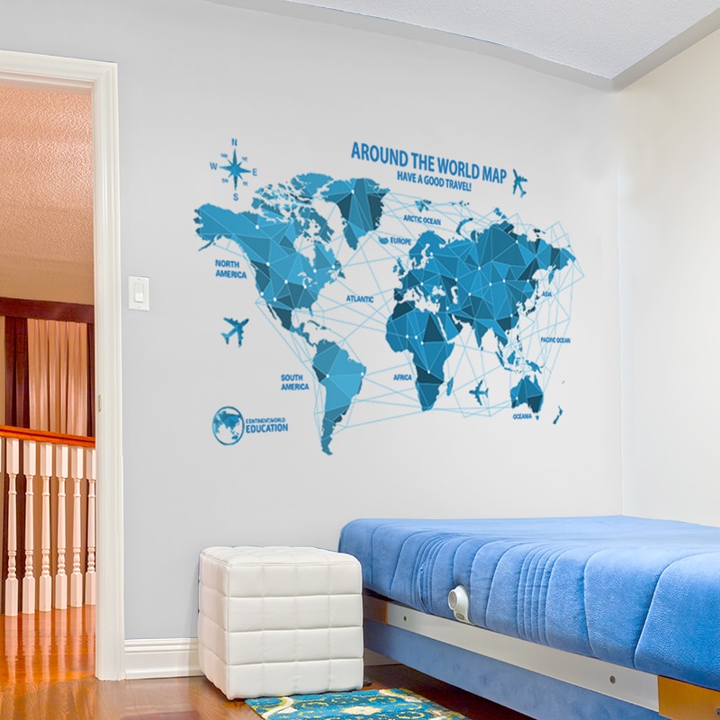 Waterproof 3d blue world map wall stickers office rooms decals decor wall art bedroom for home decorations wall decals