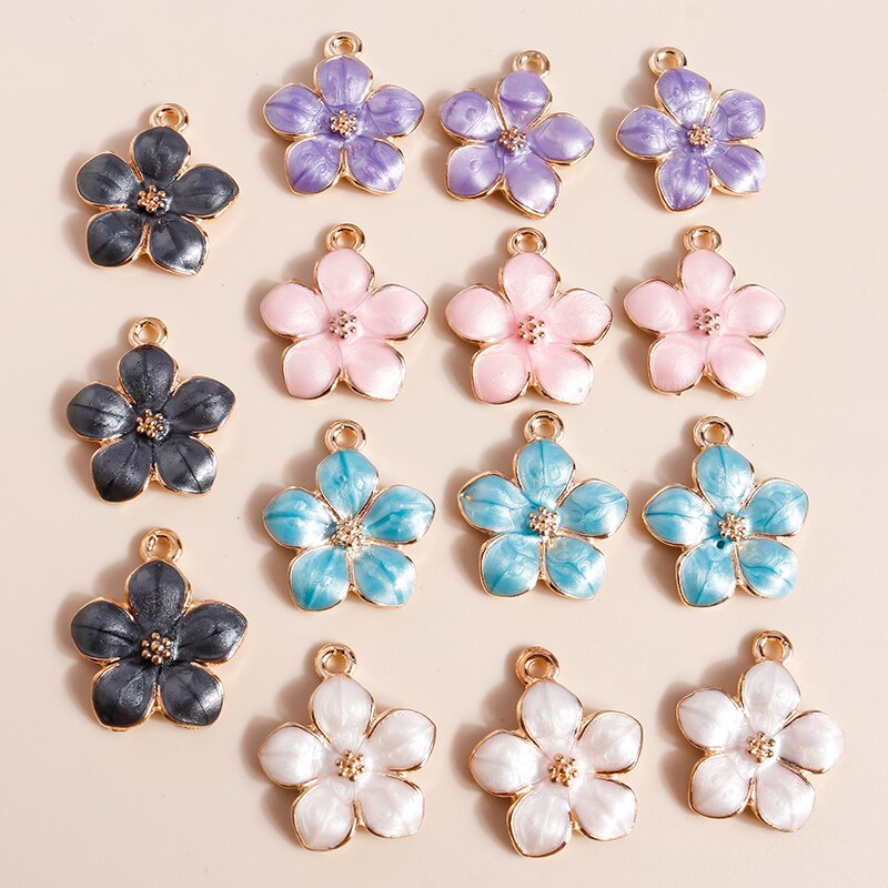 10 Uds. De bonitos dijes de flores esmaltadas de 17x15mm para la fabricación de joyas, bonitos dijes de Sakura, colgante, collar, llavero, accesorios de fabricación Diy: Rodio plateado