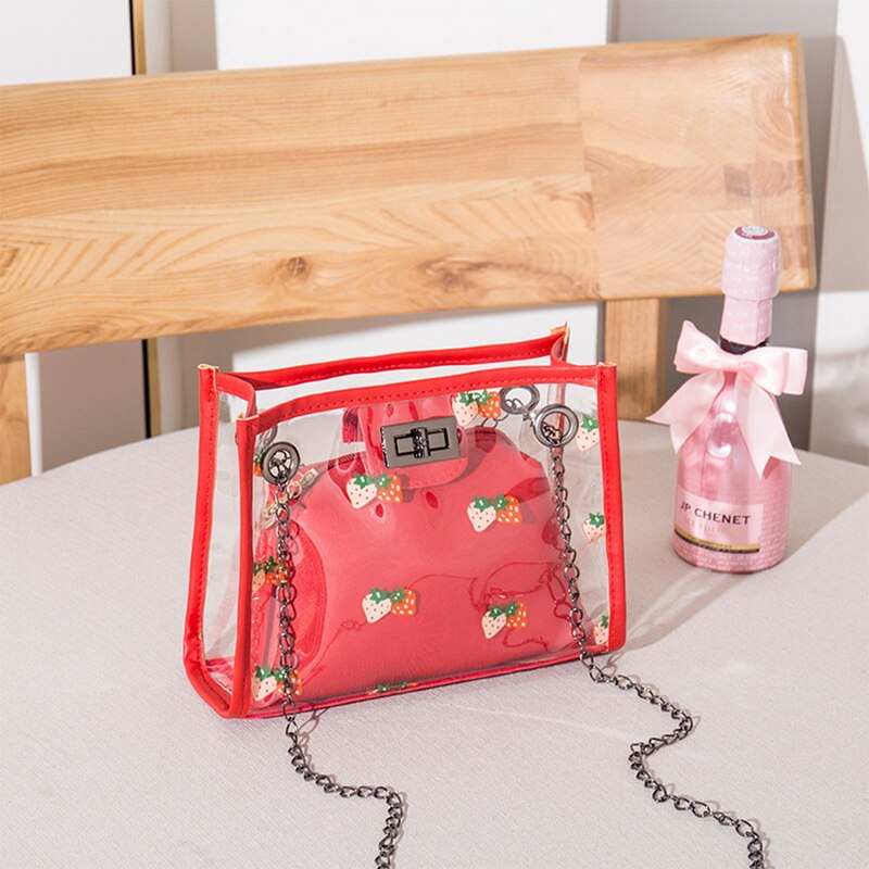 2 stuks/set transparante pvc schoudertassen dames schattige aardbeienprint clutch tas reis crossbody tas samengestelde set