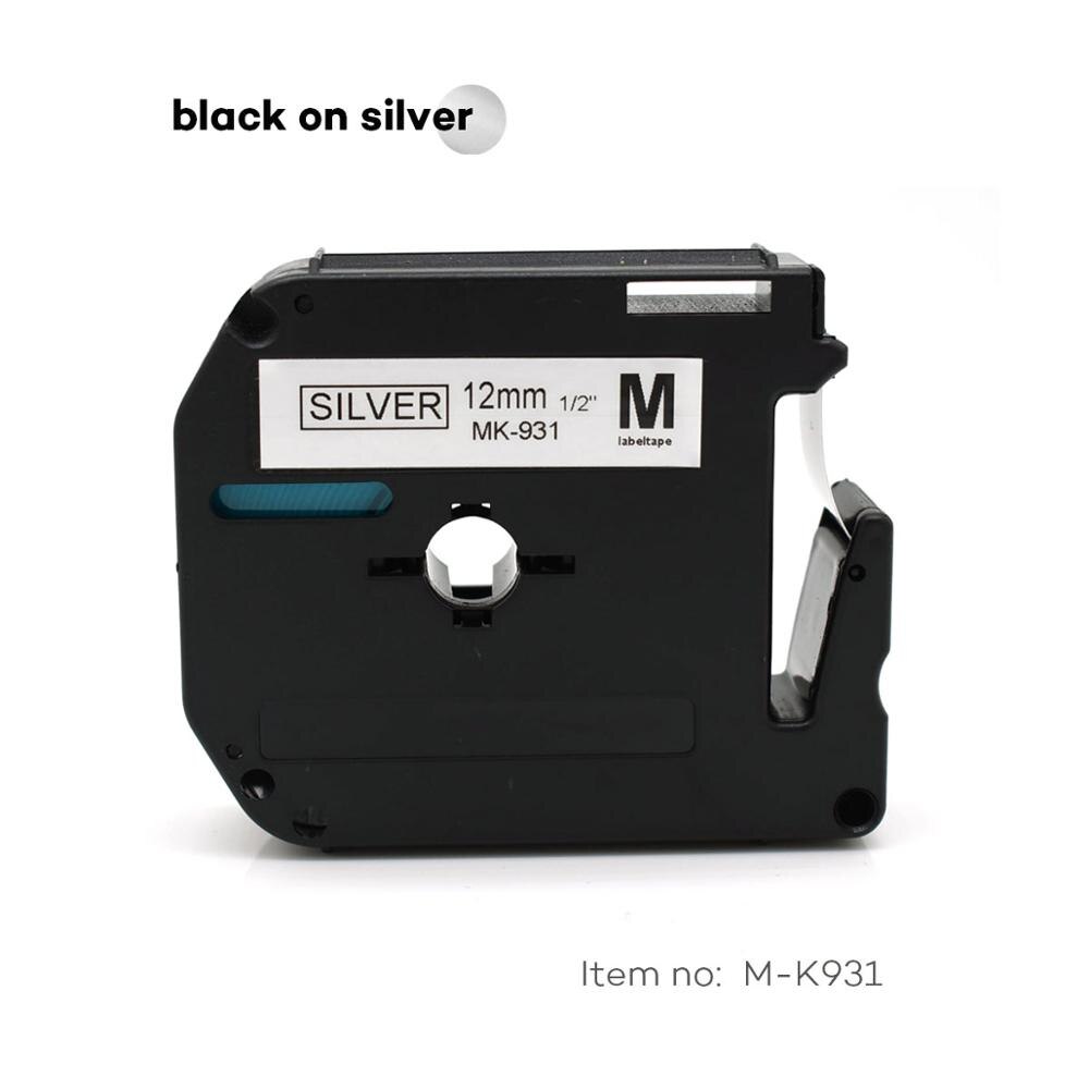 12mm flerfarvede etiketbånd som m -k131 m-k231 mk231 mk 431 mk531 mk-631 kompatibel brother p-touch labelprinter til pt -80 pt-70: Sort på sølv