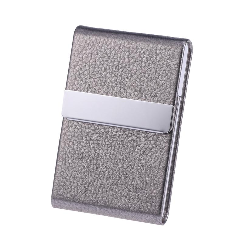Business Card Holder - Metal PU Leather Case - Unisex Name Visit Card Organizer Box: Grey