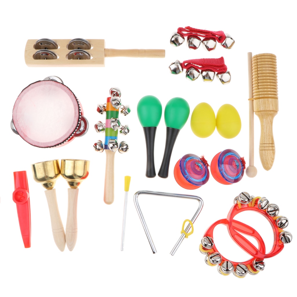 Musikinstrumenter 18 stk 12 in 1 musikrytme percussion legetøjssæt pædagogisk legetøj til børn tamburin kløver håndklokke sæt taske