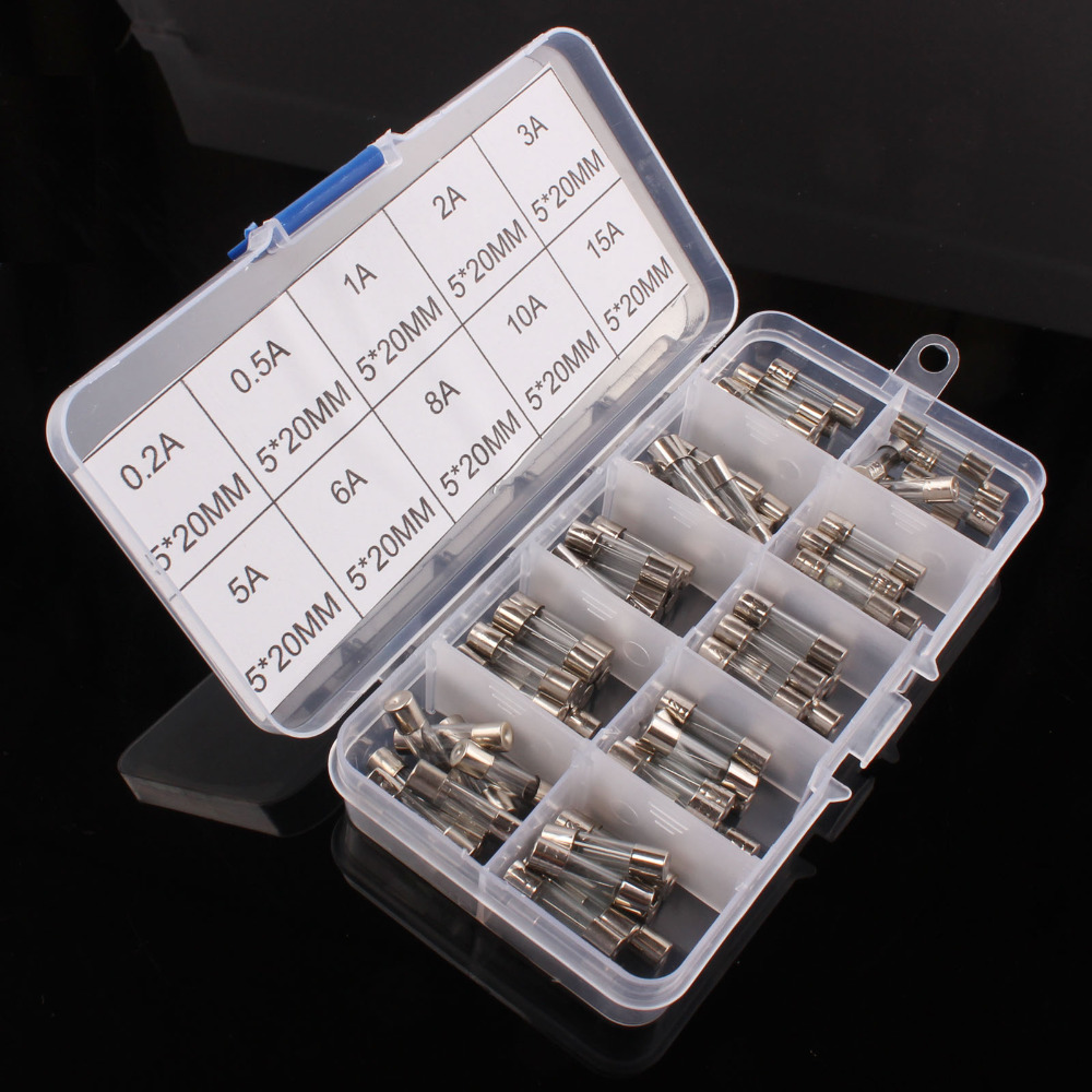 100Pcs 5*20mm Electrical Fuse Amp Fast-blow Glass Tube Fuse Kit Box Set 0.2A-15A