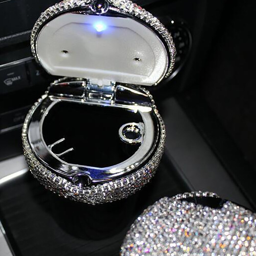 Draagbare auto-asbak met led-lichtjes en bekerhouder met strass-steentjes