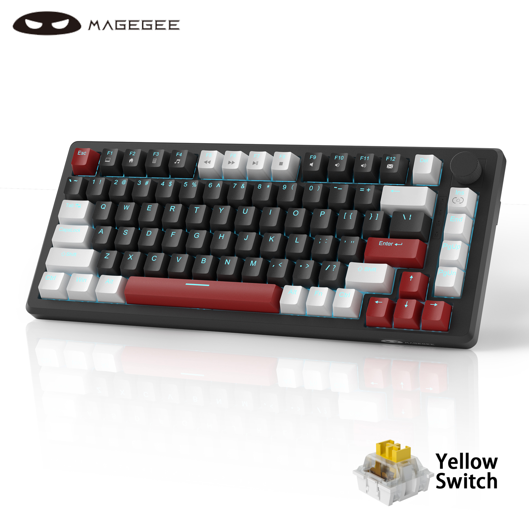 MageGee 75% Mechanical Gaming Keyboard with Knob Control, Blue Backlit Wired Gaming Keyboard Red/Yellow Switch for PC Windows: WHITE