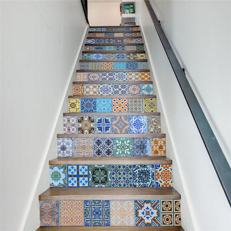 13 stk/sæt diy 3d trappe farverige klistermærker keramiske fliser mønster til hustrapper dekoration trappe vægklistermærke: 6