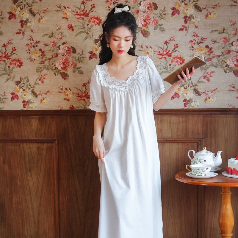Katoen Nacht Jurk Vrouwen Nachtjapon Victoriaanse Vintage Romantische Nachtjapon Prinses Nachtkleding Peignoir Shirts Lady Chemise Night Gown: M