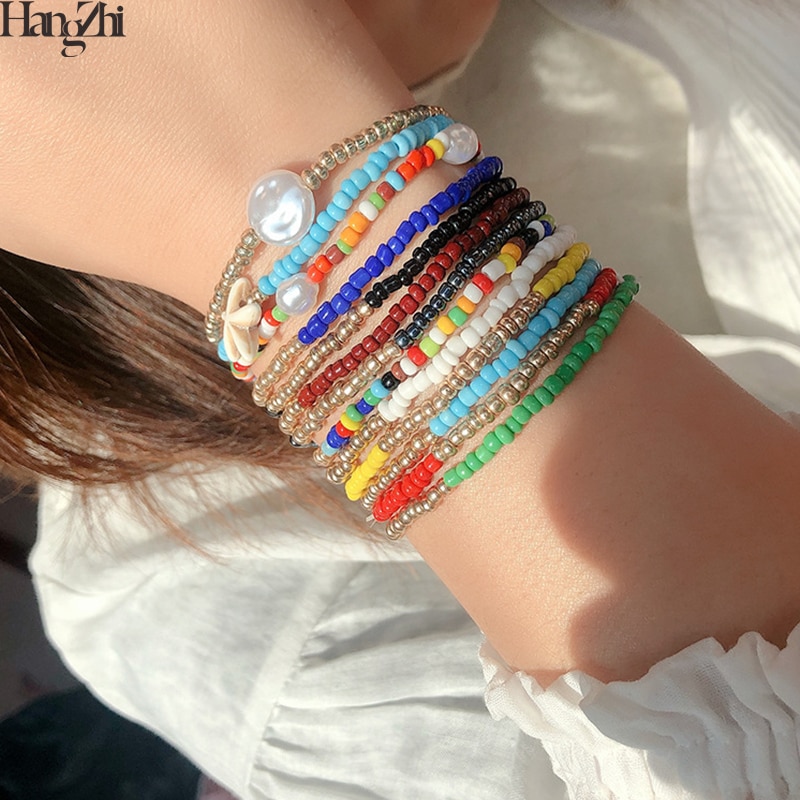 Hangzhi 3 stk / sæt bohemia barokke perler søstjerner farverige flerlags beaded armbånd til kvinder smykker