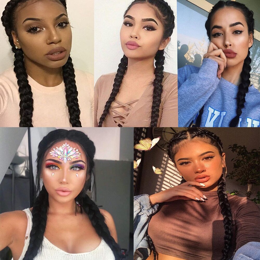 Long Double Braids Synthetic Lace Front Wigs with Baby Hair SOKU Middle PartHeat Resistant Fiber 2 Ponytail Braided Lace Wig