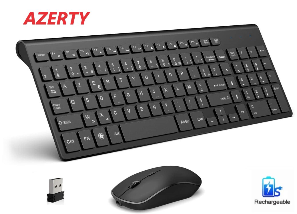 French keyboard wireless mouse and keyboard combination.2.4G.Rechargeable AZERTY keyboard, ergonomic, suitable for PC/laptop/TV: Default Title