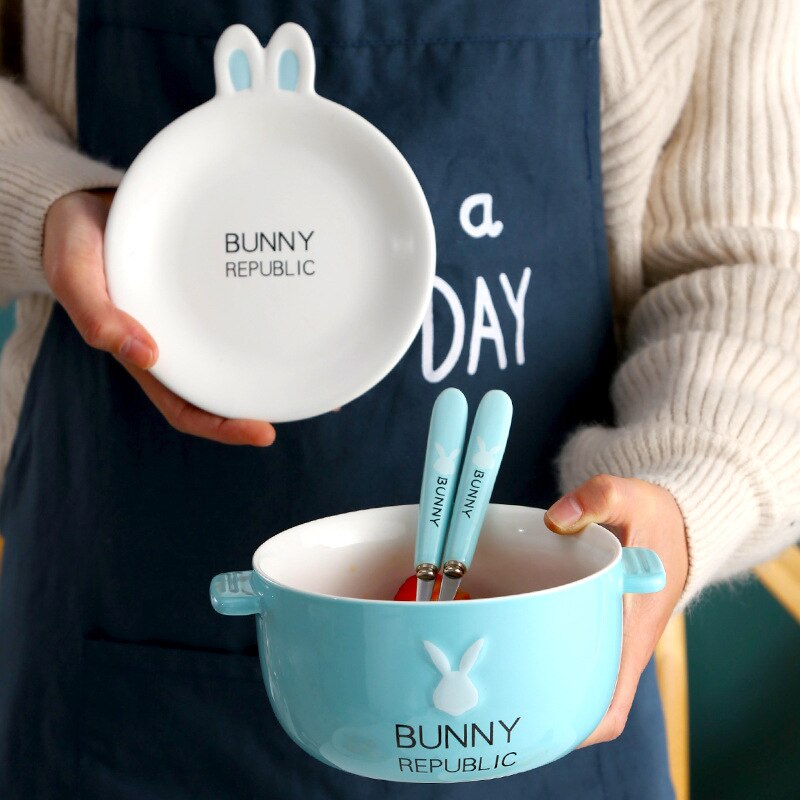 Keramiek Double-Layer Ramen Noodles Kom Anti-Brandwonden Instant Noodle Kom Leuke Bunny Met Deksel En Lepel Eetstokjes servies