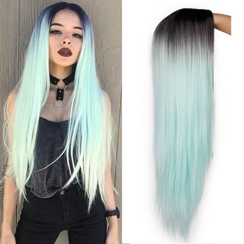 Stamped Glorious 26inches Synthetic Wig Straight Long Black Wig MiddlePart Heat Resistant Fiber Hair Wigs for women: blue