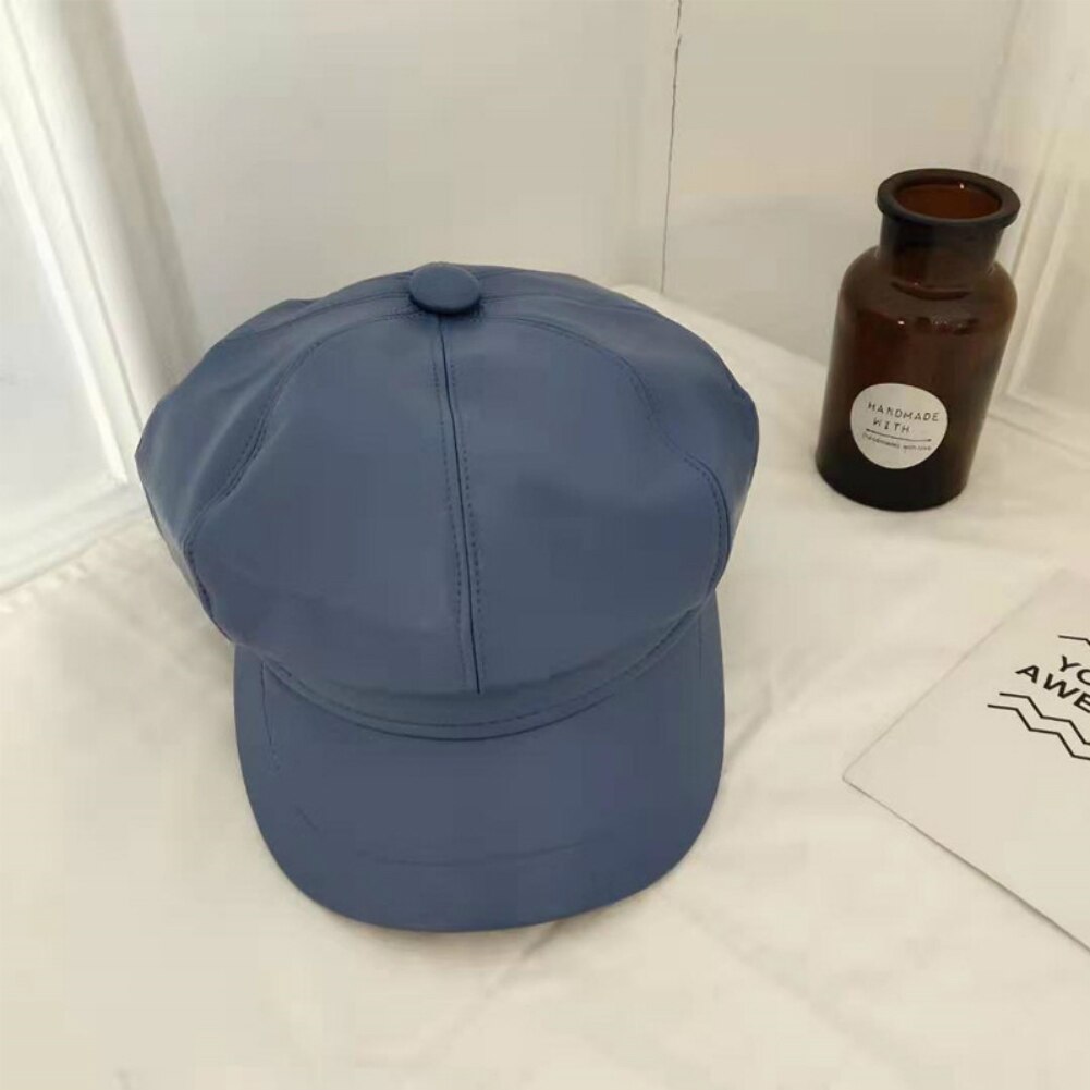 Chapeau béret en cuir pour femme | Automne, hiver chapeaux octogonaux, casquette plate, casquette chaude solide pour femme: Bleu