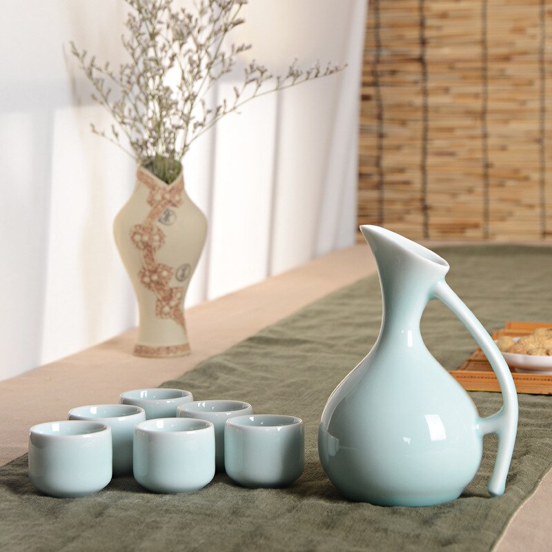 Chinese Style Ceramics Wine Set 1 Pot 6 Cups Longquan Celadon Wine Set Wine Set Decanter Bar Sets: Blue