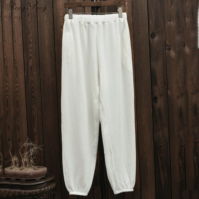 Pantalones bombachos de lino y algodón con cintura elástica para mujer, pantalón informal liso, novedoso, Q799: 2