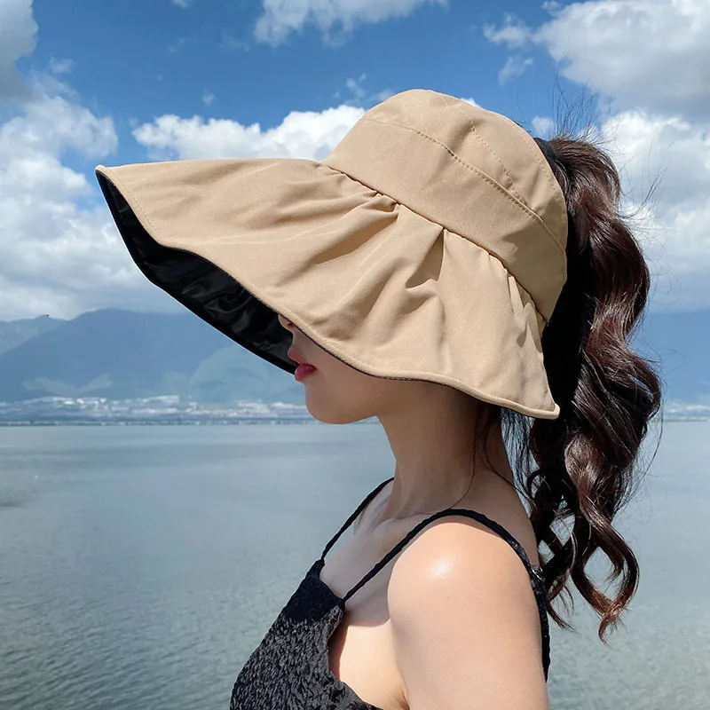 1 pz estate vuoto superiore a tesa larga pieghevole cappello da sole per le donne protezione solare anti UV cappello a secchiello femminile escursionismo all'aperto pesca spiaggia berretti: Cachi