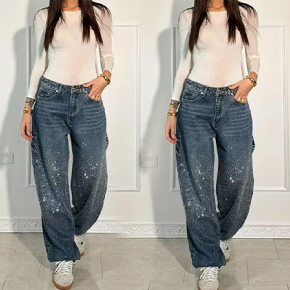 Elegante jeans med rhinsten kvinder løse lommer alsidige lynlås lav talje lige denimbukser kvinde forår dame streetwear