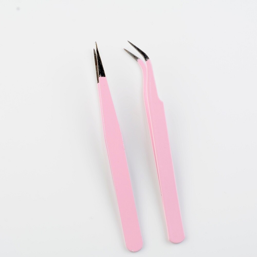 2 Stuks Rvs Roze Hetero + Bend Tweezer Voor Wimper Extensions Nail Art Tangen
