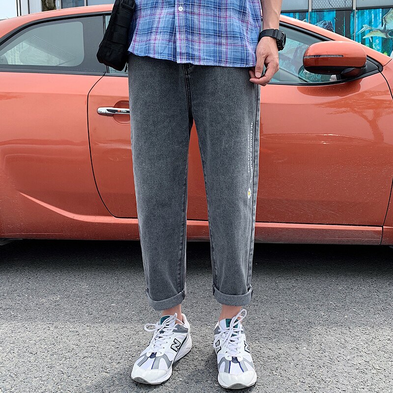 Singleroad heren jeans oversized wijde pijpen print broek japanse streetwear heren denim broek casual jeans voor heren: Grijze jeans heren / Aziatisch-m(eur xs)
