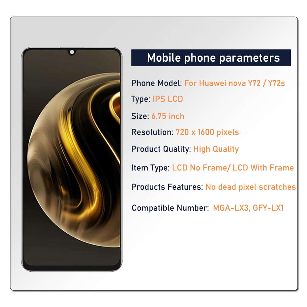 6.75 inch For Huawei nova Y72 MGA-LX3 LCD With Frame Display Screen Touch Digitizer For Huawei nova Y72s LCD GFY-LX1 Replacement