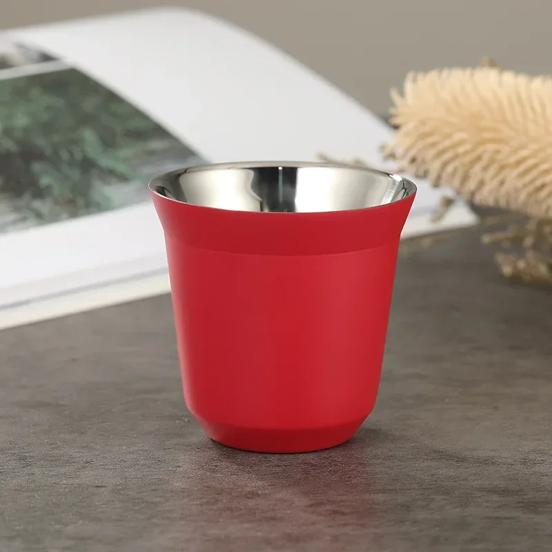 80ml Mini Coffee Cup Stainless Steel Double Wall Heat-insulating Coffee Cup Portable Small Drink Cups: Red