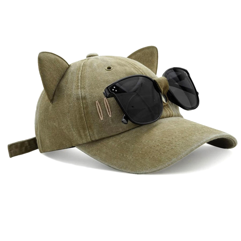 Meisjes Kattenoren Zonnebril Roze Baseballpet Ins Persoonlijkheid In Trendy Coole Meisjespet Gewassen Retro Katoenen Honkbalhoed: Khaki