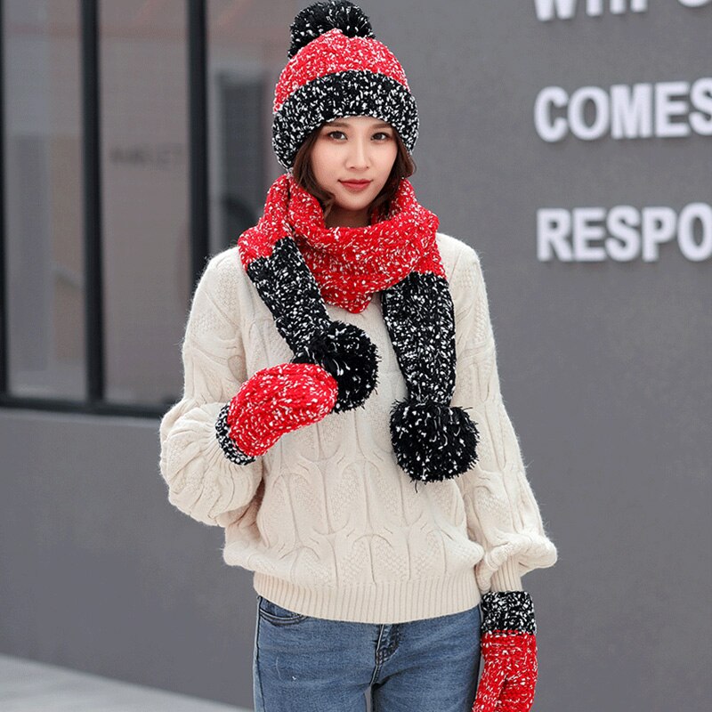 Drie Stuk Hoeden Sjaal Handschoenen Set Voor Vrouwen Hoed Herfst Winter Warm Mitten Pompom Gebreide Hoed Gilr Knit sjaal Sets