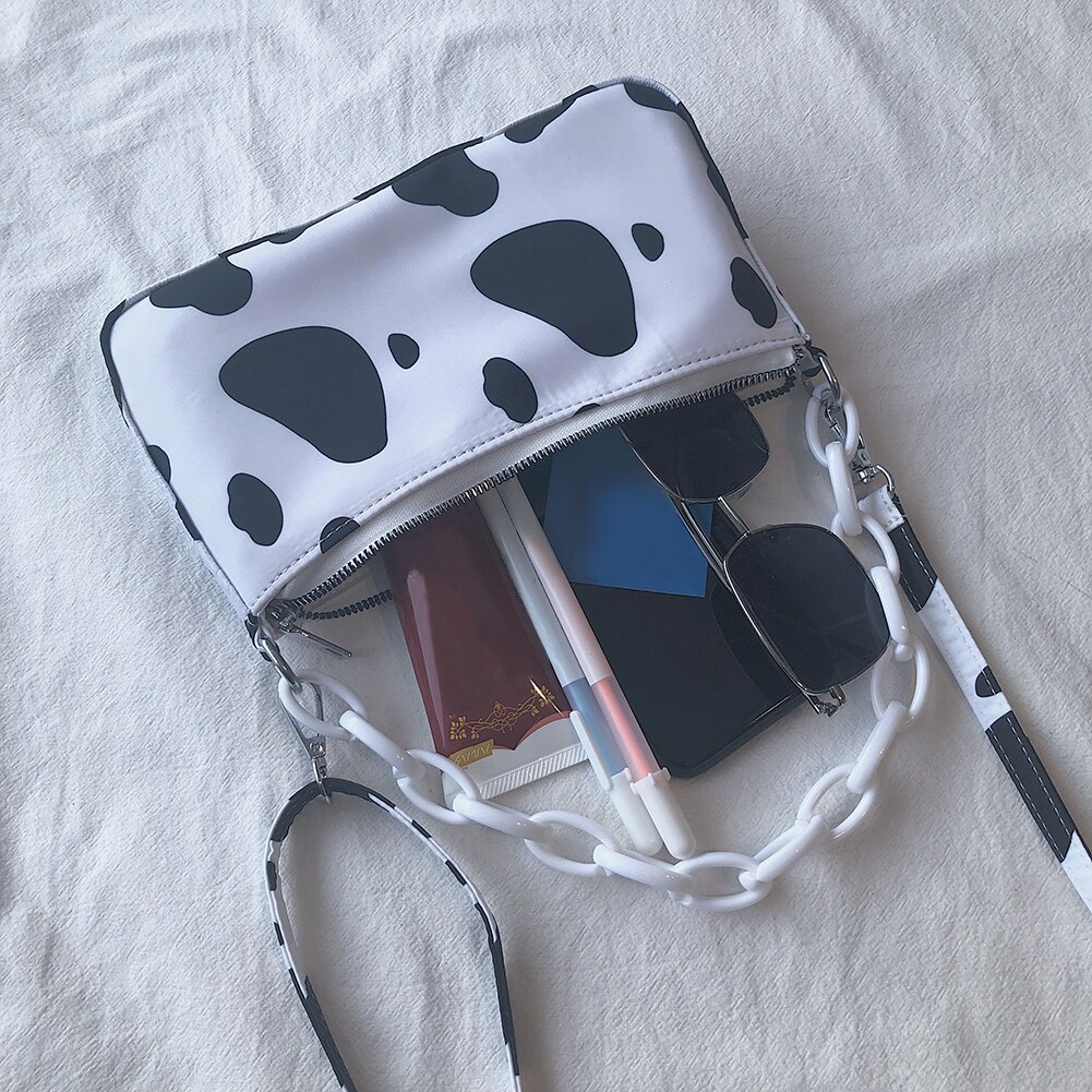 Dames schoudertassen met koeienprint, dames oxford handtas, handtassen met ketting, dames klassieke schoudertassen